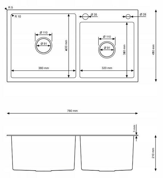 Erga HD, chiuvetă din oțel cu 1 cameră 780x450x210 mm, auriu, ERG-MLS-HD7845G