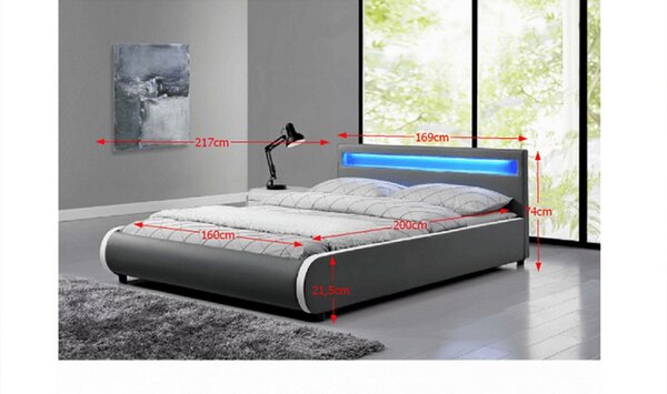 Pat dormitor DULCEA, piele ecologica, gri, 160x200 cm, cu iluminare LED RGB, somiera lamelara reglabila, fara saltea
