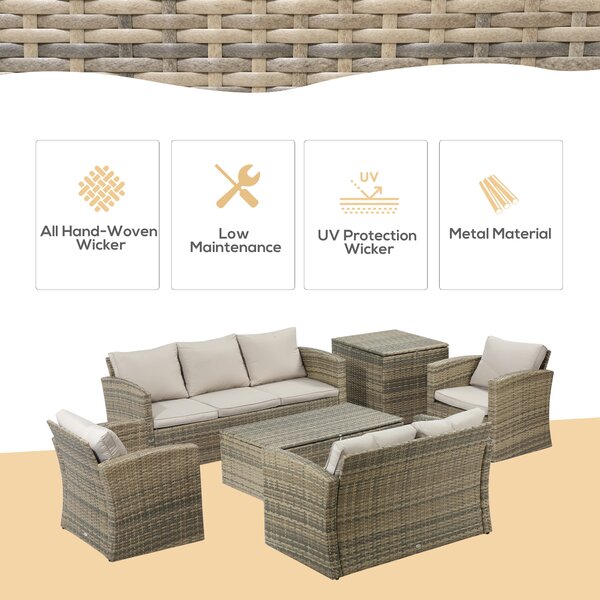 Outsunny Set Mobilier de Grădină 6 Piese, Canapea, 2 Fotolii, Ratan Bej, Confortabil pentru 7 Persoane, Design Modern | Aosom Romania