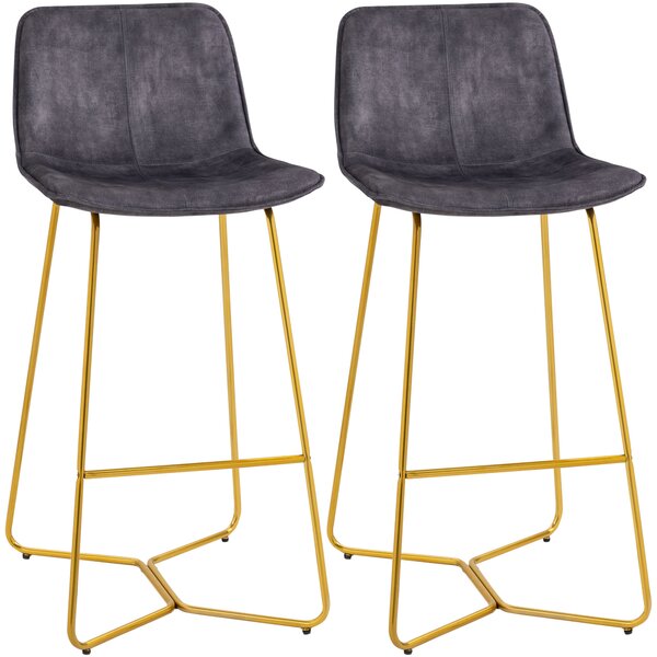 Set de 2 scaune de bar HOMCOM, spatar, din catifea, picioare aurii, 48x56,5x103cm, gri | Aosom RO