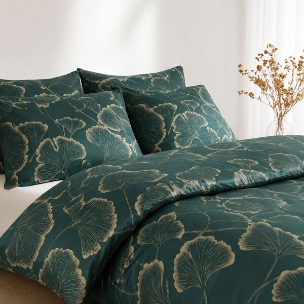 Goldea lenjerie de pat din bumbac satinat - frunze de ginkgo pe verde-închis 180 x 200 și 2buc 50 x 70 cm