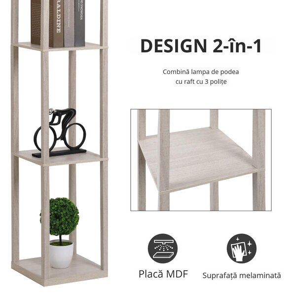 HOMCOM Lampă de podea cu rafturi integrate, Suport E27, 40W, Design Modern din MDF, 26x26x160cm, Stejar | Aosom Romania