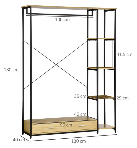 HOMCOM Raft pentru Haine Stil Industrial cu 2 Sertare și 4 Rafturi, Structură din Oțel și PAL, 130x40x180cm, Lemn și Negru | Aosom Romania