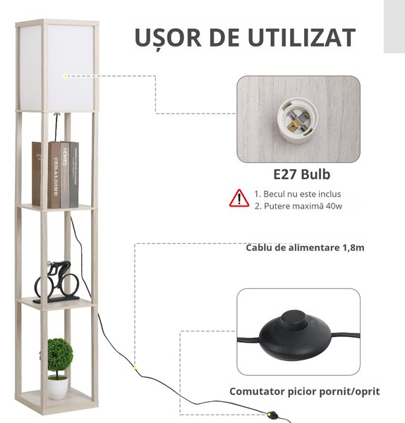 HOMCOM Lampă de podea cu rafturi integrate, Suport E27, 40W, Design Modern din MDF, 26x26x160cm, Stejar | Aosom Romania