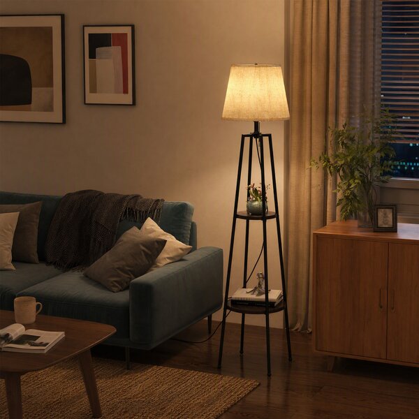 Lampa de Podea cu Rafturi, Inalta cu Abajur din Material Textil (Becul nu este Inclus), Nuc Maro si Maro Deschis, Φ42x166cm HOMCOM | Aosom RO