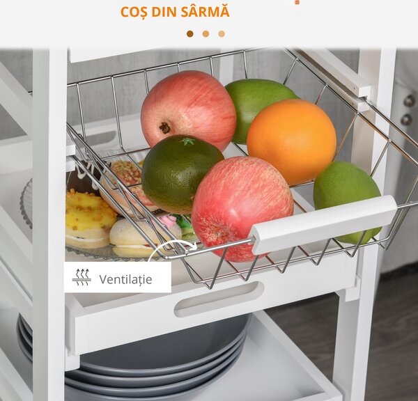 HOMCOM Carucior Bucatarie 4 Roti Sertar Cos Sarmă Tavite Detasabile Etajera Lemn Pin 37x37x82cm Alb | Aosom Romania