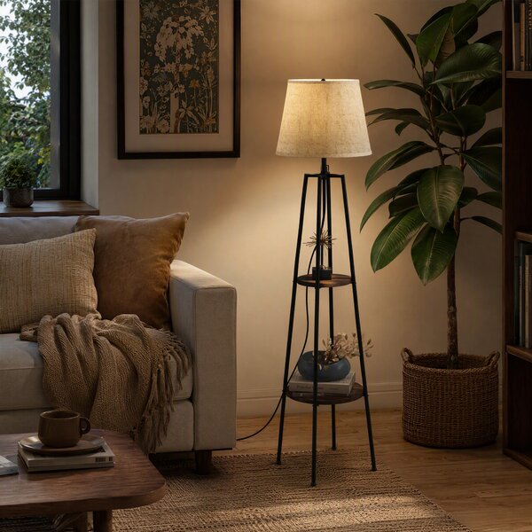 Lampa de Podea cu Rafturi, Inalta cu Abajur din Material Textil (Becul nu este Inclus), Nuc Maro si Maro Deschis, Φ42x166cm HOMCOM | Aosom RO