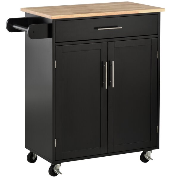 HOMCOM Cărucior de Bucătărie cu Sertar și Dulap cu 2 Uși, Insulă de Bucătărie cu roți și bară laterală, 83x45x91.5 cm, Negru | Aosom Romania