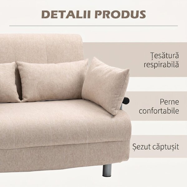 HOMCOM Canapea Extensibilă cu 2 Locuri, Spătar Reglabil și 4 Perne Tapițate, 102x82x81 cm, Bej | Aosom Romania