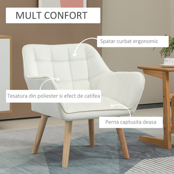 Fotoliu de design scandinav HOMCOM din lemn si catifea crem, pentru sufragerie/birou, 68,5x61x72,5cm | Aosom Romania