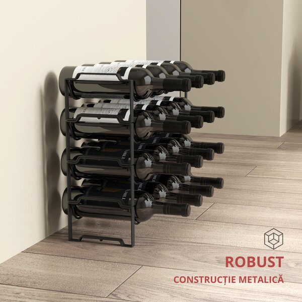 HOMCOM Suport pentru Sticle de Vin cu 4 Niveluri, 42,5x16,5x41 cm, Negru | Aosom Romania