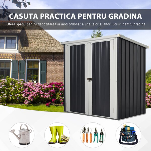 Magazie de gradina Outsunny din tabla de otel, sopron cu usa dubla cu sistem de blocare, casuta de gradina pentru unelte, alb-negru | Aosom RO