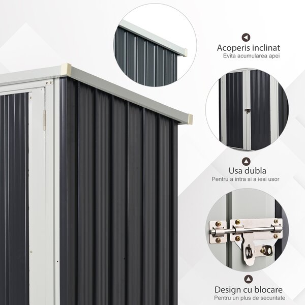 Magazie de gradina Outsunny din tabla de otel, sopron cu usa dubla cu sistem de blocare, casuta de gradina pentru unelte, alb-negru | Aosom RO