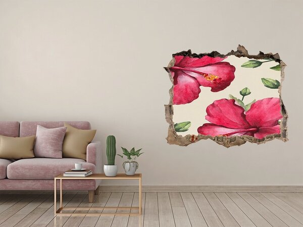 Fototapet un zid spart cu priveliște Flori de hibiscus printr-o gaură în perete