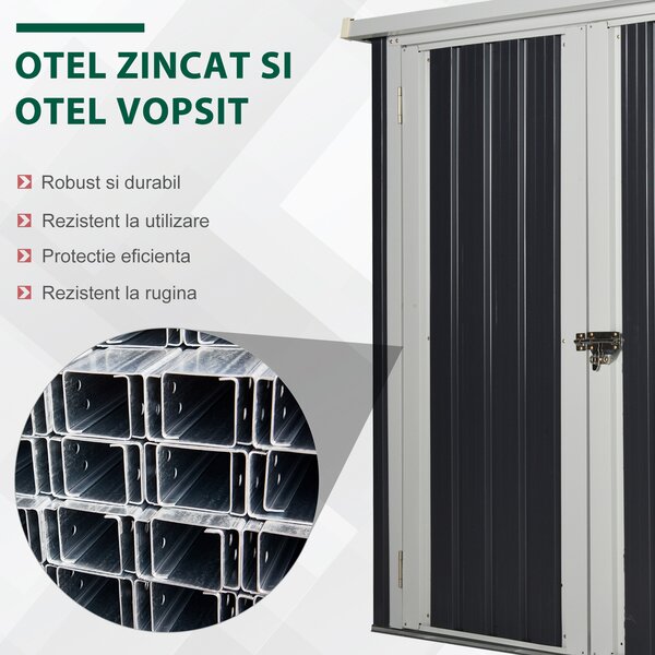 Magazie de gradina Outsunny din tabla de otel, sopron cu usa dubla cu sistem de blocare, casuta de gradina pentru unelte, alb-negru | Aosom RO