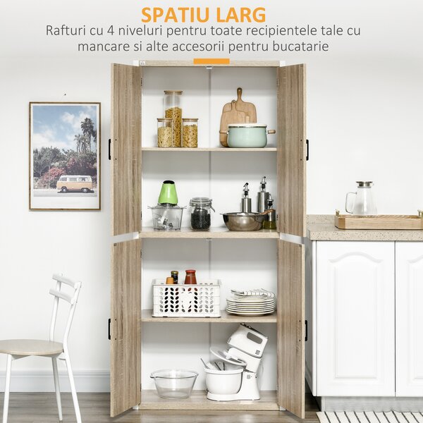 HOMCOM Dulap pentru Bucătărie cu 4 Rafturi Reglabile, 4 Uși și Dispozitiv Anti-Răsturnare, 80x40x182 cm, Lemn Natural | Aosom Romania