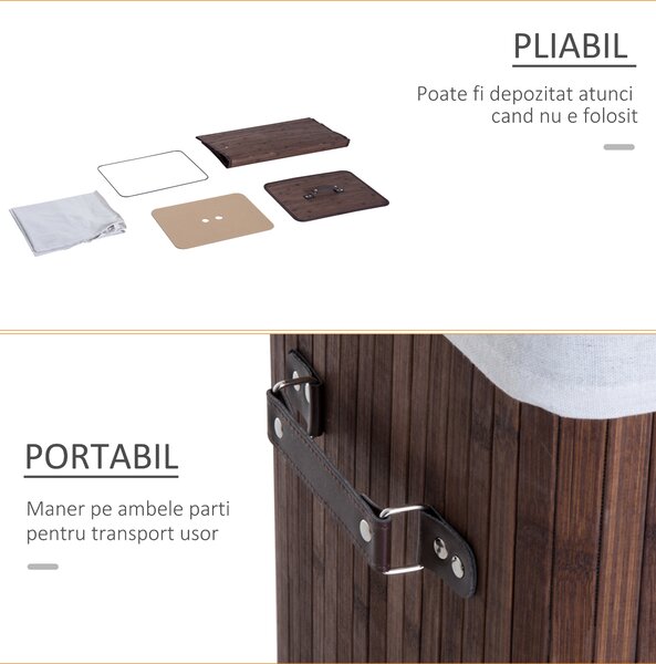 HOMCOM Coș de Rufe din Bambus cu Capac și Geantă Detașabilă, 40x30x60cm, Design Elegant în Maro | Aosom Romania