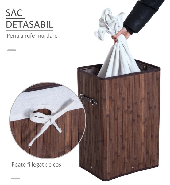 HOMCOM Coș de Rufe din Bambus cu Capac și Geantă Detașabilă, 40x30x60cm, Design Elegant în Maro | Aosom Romania