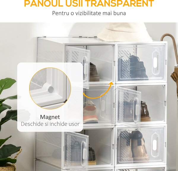 HOMCOM Mobilier pentru Încălțăminte cu Ventilație, 8 Cuburi din Plastic PP, Alb și Transparent, 28x36x21cm, Design Modern | Aosom Romania