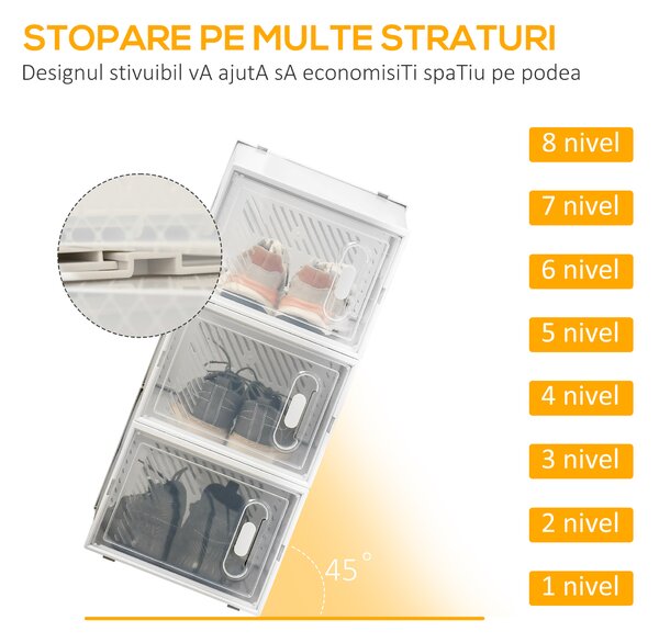 HOMCOM Mobilier pentru Încălțăminte cu Ventilație, 8 Cuburi din Plastic PP, Alb și Transparent, 28x36x21cm, Design Modern | Aosom Romania