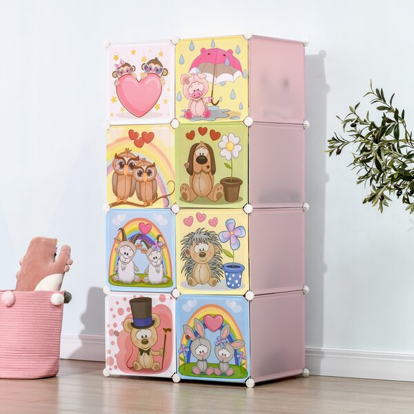 HOMCOM Mobilier Modular Încălțăminte cu Decor Zoo, 8 Cuburi Roz PP și Oțel, 74x47x144cm, Organizare Eficientă | Aosom Romania