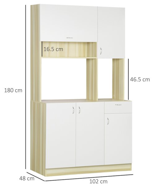 HOMCOM Dulap Bucătărie Multifuncțional 4 Uși 3 Dulapuri Sertar Raft Aglomerat 102x48x180cm Alb Lemn | Aosom Romania