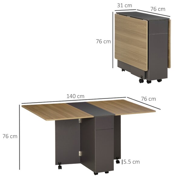 Masa Pliabila Dreptunghiulara HOMCOM din PAL, cu 2 Sertare Dulap 6 Roti, Design Practic, Maro | Aosom Romania