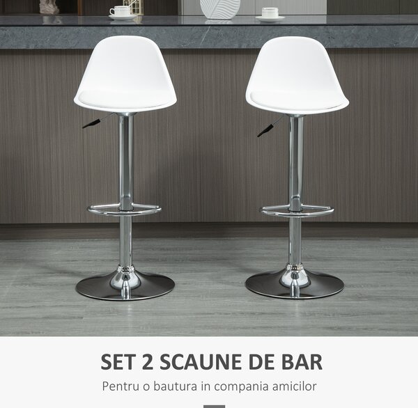 Set de 2 scaune de bar cu spatar si suport picioare, pivotante cu inaltime reglabila, 40x42x82-104cm, alb HOMCOM | Aosom Romania