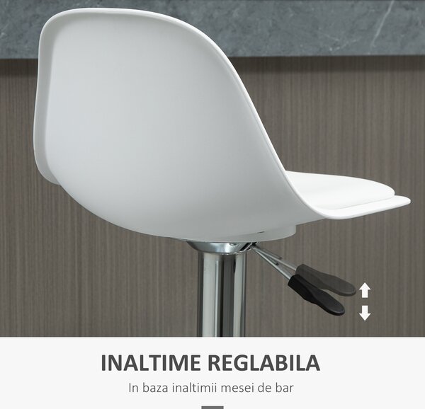 Set de 2 scaune de bar cu spatar si suport picioare, pivotante cu inaltime reglabila, 40x42x82-104cm, alb HOMCOM | Aosom Romania