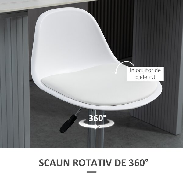 Set de 2 scaune de bar cu spatar si suport picioare, pivotante cu inaltime reglabila, 40x42x82-104cm, alb HOMCOM | Aosom Romania
