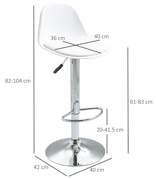Set de 2 scaune de bar cu spatar si suport picioare, pivotante cu inaltime reglabila, 40x42x82-104cm, alb HOMCOM | Aosom Romania