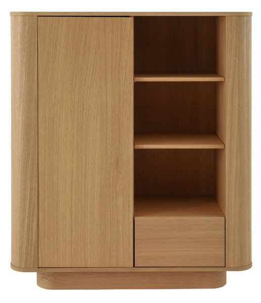 Bibliotecă joasă cu ușă, sertar și rafturi deschise Navan, stejar natural (160 cm)