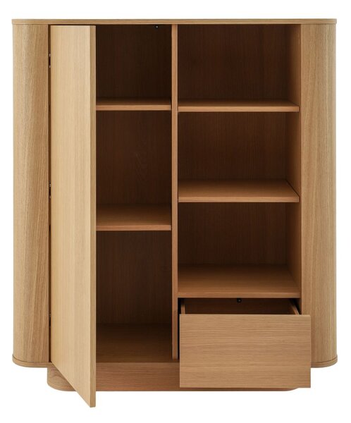 Bibliotecă joasă cu ușă, sertar și rafturi deschise Navan, stejar natural (160 cm)