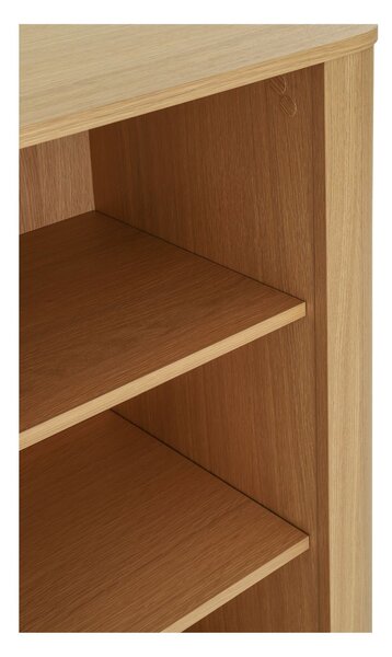 Bibliotecă joasă cu ușă, sertar și rafturi deschise Navan, stejar natural (160 cm)