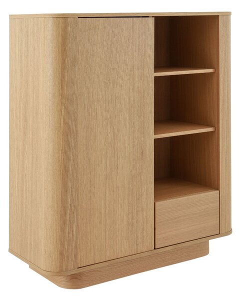 Bibliotecă joasă cu ușă, sertar și rafturi deschise Navan, stejar natural (160 cm)