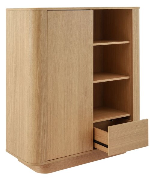 Bibliotecă joasă cu ușă, sertar și rafturi deschise Navan, stejar natural (160 cm)