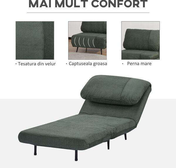 HOMCOM Fotoliu Extensibil 2-În-1 Reglabil pe 3 Niveluri cu Șezut Mare, Canapea Extensibilă, 82x89x83 cm, Verde | Aosom Romania