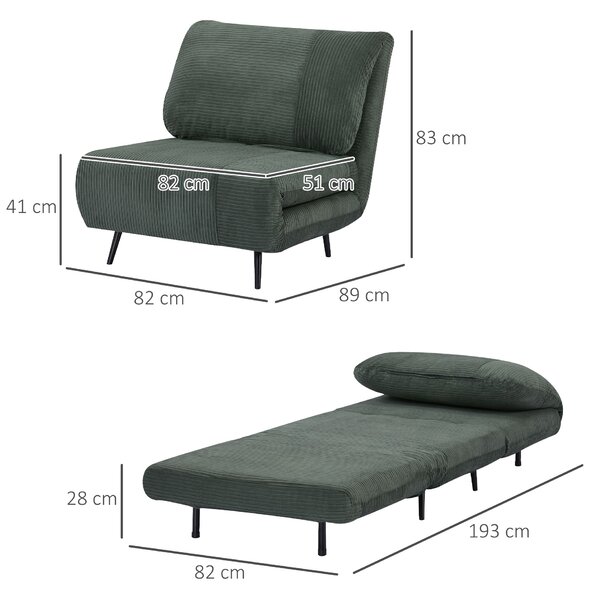 HOMCOM Fotoliu Extensibil 2-În-1 Reglabil pe 3 Niveluri cu Șezut Mare, Canapea Extensibilă, 82x89x83 cm, Verde | Aosom Romania