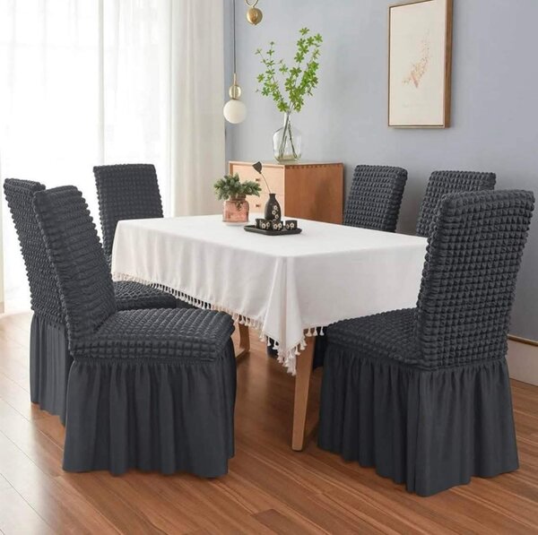 Set 6 huse scaune creponate si elastice, cu volanas, Cenusiu