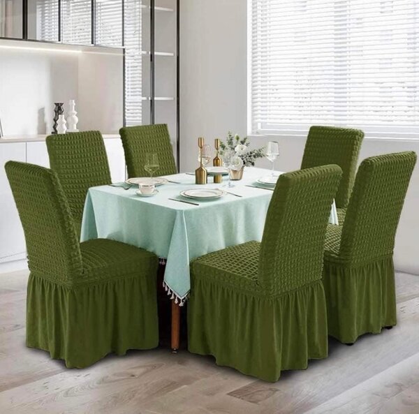 Set 6 huse scaune creponate si elastice, cu volanas, Verde