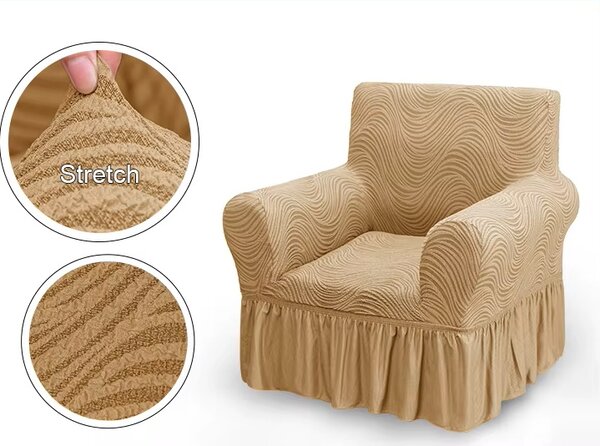 Husa elastica pentru fotoliu, cu volanas si model Jacquard Bej in dungi