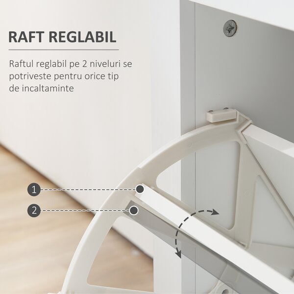 HOMCOM Suport pentru Pantofi cu 2 Sertare pentru 16 Perechi de Pantofi cu Etajeră Reglabilă și Raft din Sticlă, 89x23x96cm, Alb Lucios | Aosom Romania