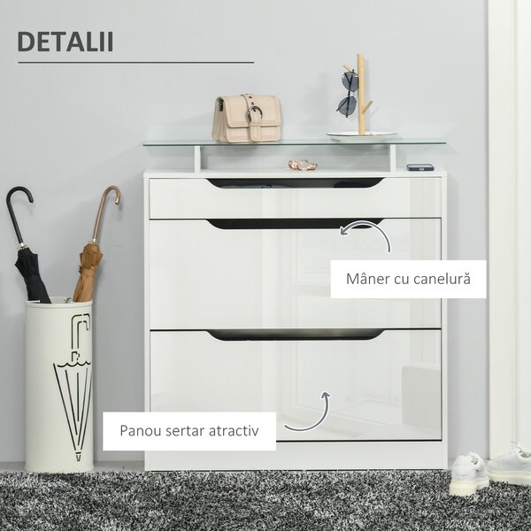 HOMCOM Suport pentru Pantofi cu 2 Sertare pentru 16 Perechi de Pantofi cu Etajeră Reglabilă și Raft din Sticlă, 89x23x96cm, Alb Lucios | Aosom Romania