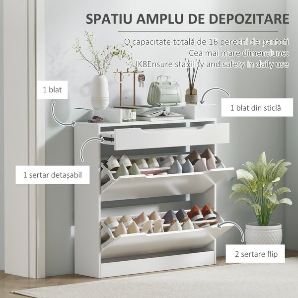 HOMCOM Suport pentru Pantofi cu 2 Sertare pentru 16 Perechi de Pantofi cu Etajeră Reglabilă și Raft din Sticlă, 89x23x96cm, Alb Lucios | Aosom Romania