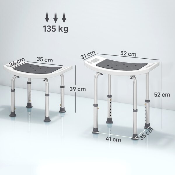 HOMCOM Scaun de Duș din Aluminiu și Plastic Antialunecare, Înălțime Reglabilă 6 Niveluri 39-52cm, Gri | Aosom Romania