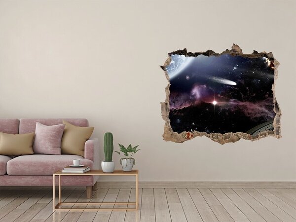 Fototapet un zid spart cu priveliște Spațiul cosmic de dincolo de gaură