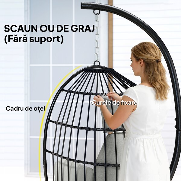 Scaun Suspendat Outsunny în Formă de Ou Fără Suport, Pliabil, cu Pernă Moale și Tetieră, Suport Pahar, Capacitate 120 kg, Gri Închis | Aosom Romania