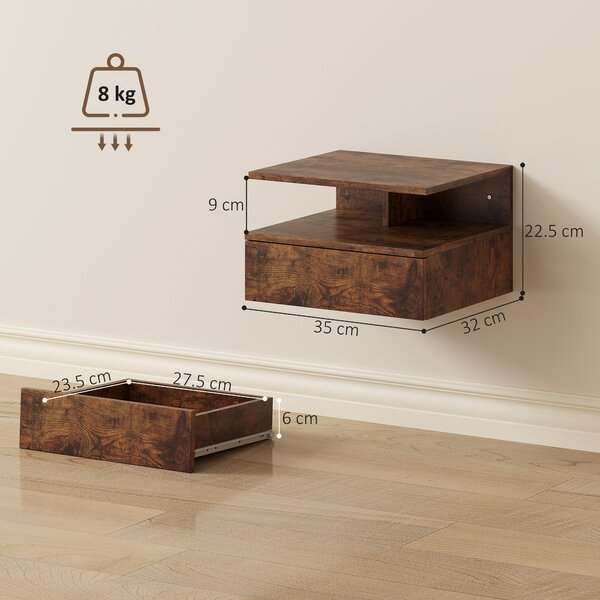 HOMCOM Set de 2 Noptiere Suspendate cu Sertar și Raft Deschis, 35x32x22.5 cm, Maro Rustic | Aosom Romania
