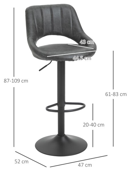 Set 2 Scaune de bar HOMCOM, Inaltime reglabila, Piele sintetica, Metal, 44x49x90-110cm Negru | Aosom Romania