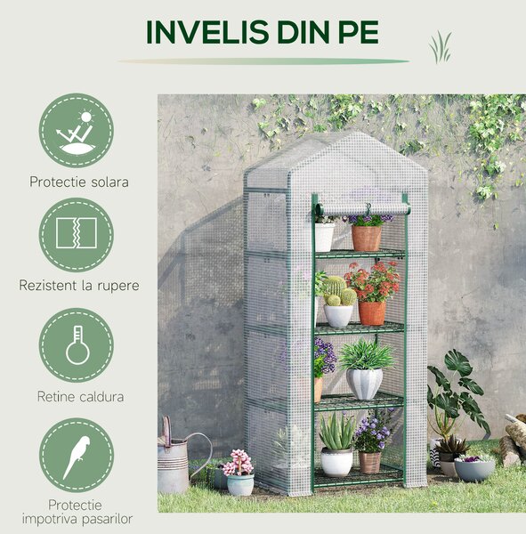 Outsunny Seră Verticală pentru Balcon și Terasă cu 4 Rafturi, Structură din Oțel și PE, 70x50x160 cm, Alb | Aosom Romania